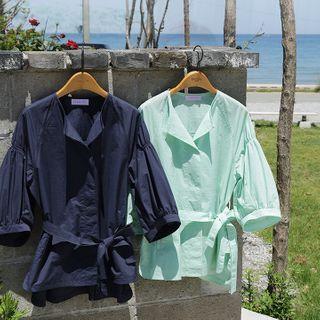 Balloon-sleeve Hidden-button Jacket With Sash