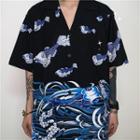 Fish Print Elbow-sleeve Shirt Black - One Size