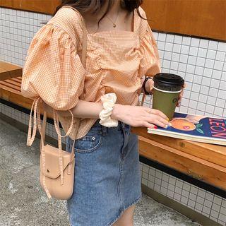 Lantern-sleeve Drawstring Plaid Blouse