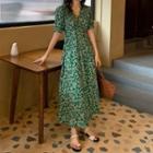 Short-sleeve Floral Print Midi A-line Dress White Floral - Green - One Size