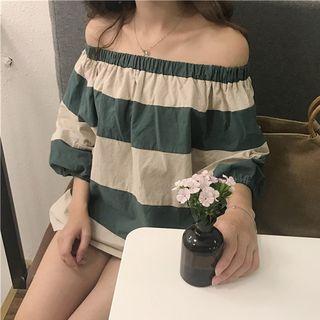 Stripe Off-shoulder Elbow-sleeve T-shirt