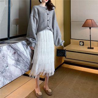 Long-sleeve Lace Top / Balloon-sleeve Buttoned Jacket