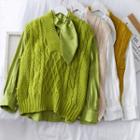 Set: Ribbon-neckline Plain Blouse + Knit Vest