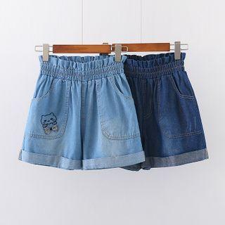 Roll-up Cat Embroidered Denim Shorts