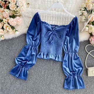 Square-neck Velvet Plain Long-sleeve Crop Top