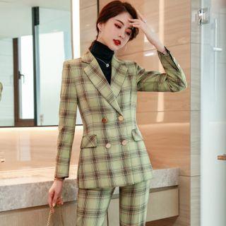 Plaid Double-breasted Blazer / Pants / Set