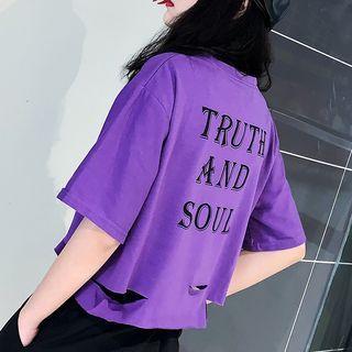 Elbow-sleeve Lettering Print Cutout T-shirt