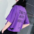 Elbow-sleeve Lettering Print Cutout T-shirt