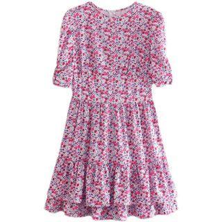 Elbow-sleeve Floral Layered Mini A-line Dress