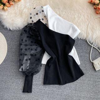 One-shoulder Dotted Panel Knit Top