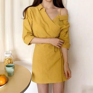 Asymmetric Cold-shoulder 3/4-sleeve Mini Sheath Dress