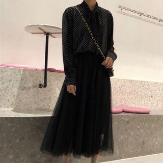 Bow Accent Dotted Blouse / Mesh Midi Skirt