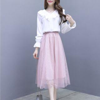 Set: Ruffled Bell-sleeve Blouse + Midi A-line Mesh Skirt
