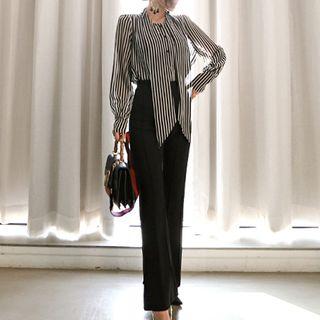 Set: Striped Blouse + High Waist Boot-cut Pants