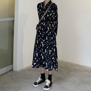 Floral Long-sleeve Midi A-line Dress White Floral - Black - One Size