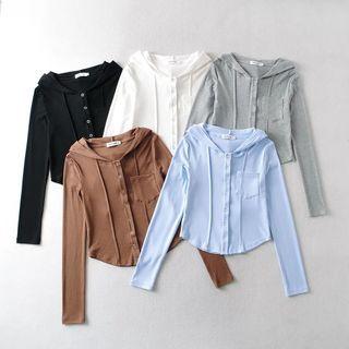 Long Sleeve Button-detail Hooded Top