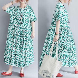 Short-sleeve Leaf Print A-line Midi Dress