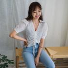 Drawstring-front Eyelet-lace Top Ivory - One Size
