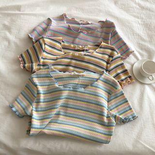 Short-sleeve Striped Lettuce Edge Top