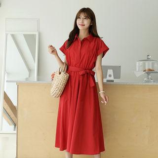 Cuff-sleeve Hidden-button Shirtdress With Sash