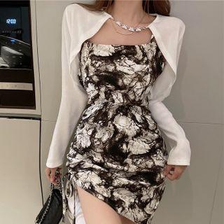 Set: Spaghetti-strap Print Mini Sheath Dress + Shrug