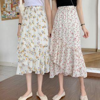 Floral Print Asymmetrical Midi A-line Chiffon Skirt