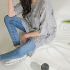 Elbow-sleeve Stripe Shirtdress