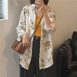 Long-sleeve Floral Chiffon Shirt Beige - One Size