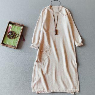 Long-sleeve Embroidery Frog Buttoned Knit Midi Dress