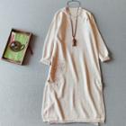 Long-sleeve Embroidery Frog Buttoned Knit Midi Dress