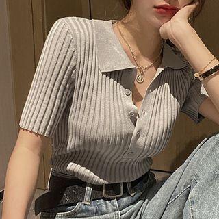 Cropped Polo-collar Knit Top