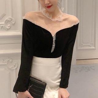 Mesh Panel Velvet V-neck Blouse