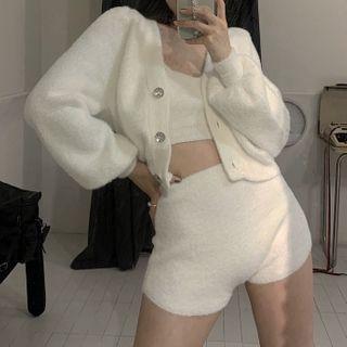 V-neck Knit Cardigan / Sleeveless Top / Wide-leg Shorts