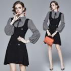 Long-sleeve Mock Two-piece Double Breasted Mini Dress Black - One Size