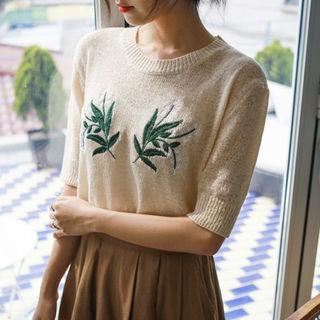 Elbow-sleeve Flower-embroidered Knit Top