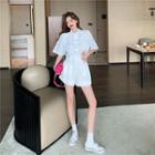 Plain Pleated Short-sleeve Shirt / Wide Leg Shorts