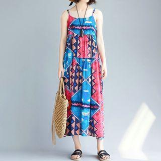 Spaghetti Strap Printed A-line Midi Dress Blue & Pink - One Size