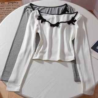 Long-sleeve Contrast Trim Bow Accent Cropped T-shirt