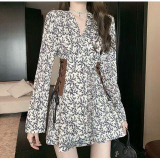 Floral Print V-neck Long-sleeve Slim-fit Dress