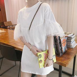 Elbow-sleeve Mesh Panel Mini T-shirt Dress