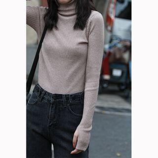 Long-sleeve Turtle-neck Knit Top As Shown In Figure - One Size