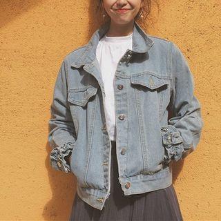 Ruffle-cuff Print Denim Jacket