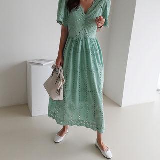 Gathered Maxi Eyelet-lace Dress Yellow - One Size