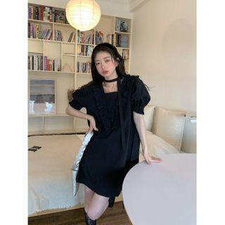 Puff-sleeve Square Neck Mini A-line Dress Black - One Size