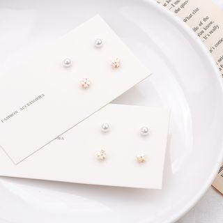 2 Pair Set: Faux Pearl / Flower Earring