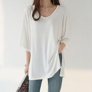 V-neck Elbow-sleeve Boxy-fit T-shirt