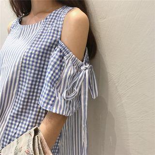 Check Panel Striped Off-shoulder Short-sleeve Dress