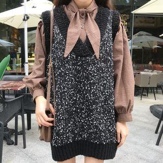 Plaid Tie-neck Blouse/ Glitter Sweater Vest