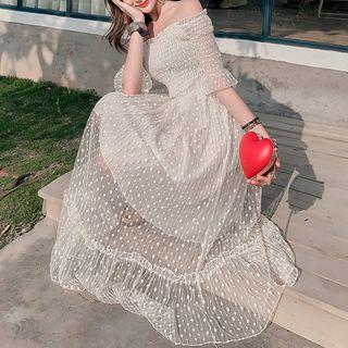 Dotted Off-shoulder Elbow-sleeve Midi A-line Dress