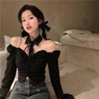 Long-sleeve Off-shoulder Beaded Crop Top